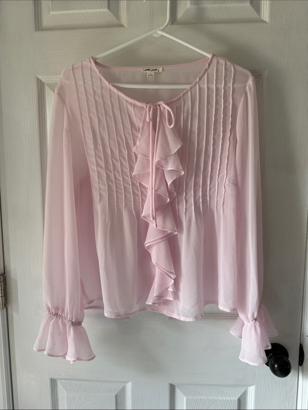 Ultra Pink Romantic Pintuck Ruffle Front Sheer Blouse Medium